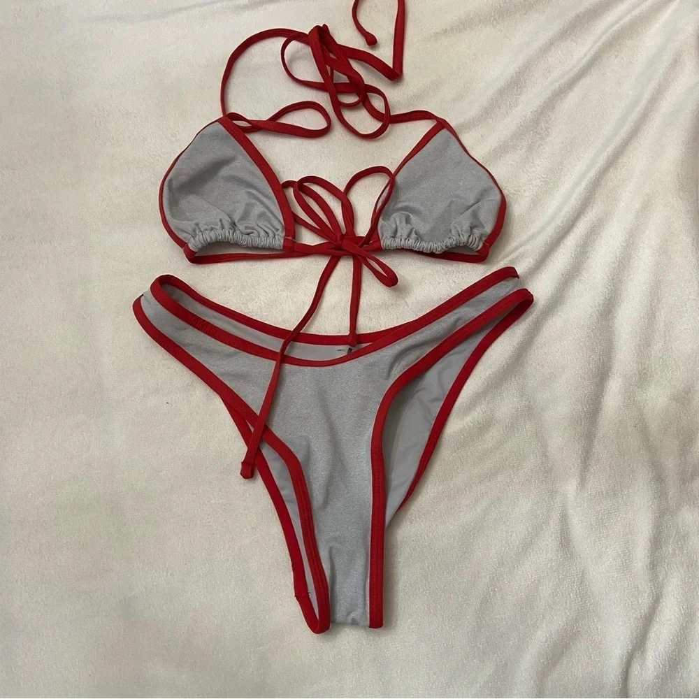 New! Frankie's Bikinis SET Dove Red and Gray triangle Bikini 3995